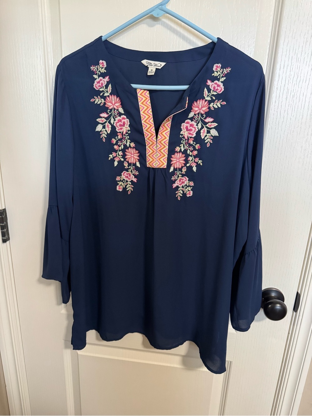 The Pioneer Woman Navy Blue Embroidered Bell Sleeve Blouse Top XL
